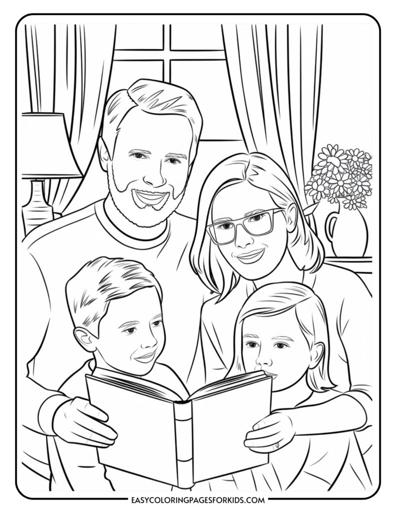 Family coloring page featuring a smiling family of four reading a book together at home, with a window and flowers in the background. Ideal for kids' activities and educational themes.