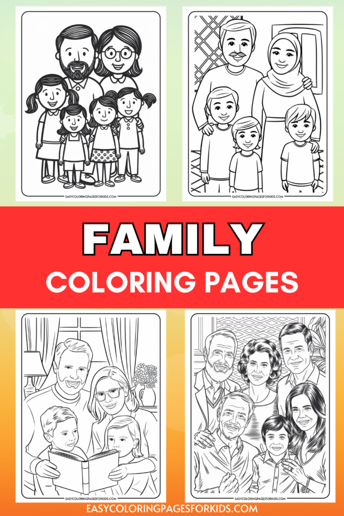 Family coloring pages featuring diverse family groups, including children and parents, designed for kids to enjoy creative coloring activities. Ideal for family-themed art projects and educational purposes.