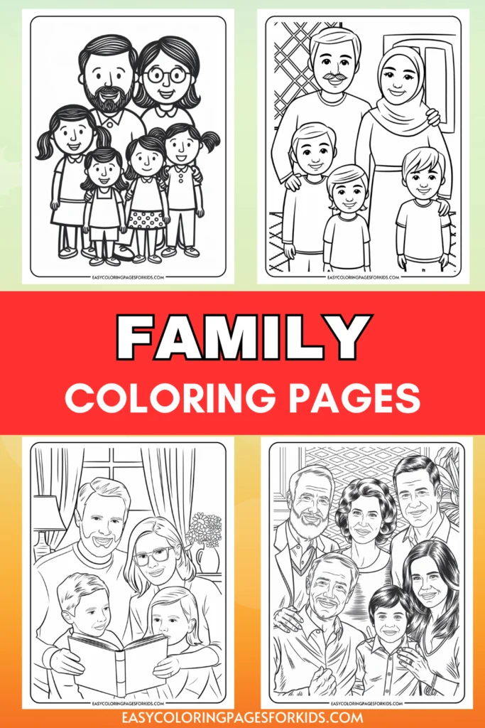 Family coloring pages featuring diverse family groups, including children and parents, designed for kids to enjoy creative coloring activities. Ideal for family-themed art projects and educational purposes.