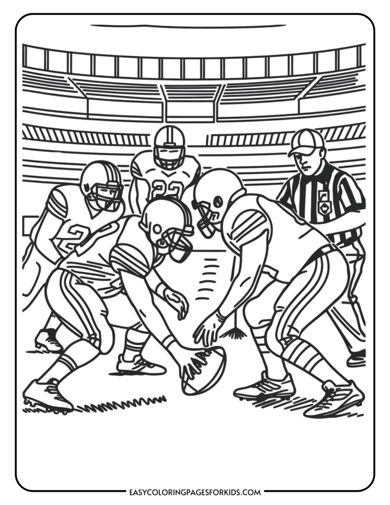 Line art illustration of a football game featuring players preparing for a snap, with a referee overseeing the play in a stadium setting. Ideal for coloring activities related to sports and football themes.