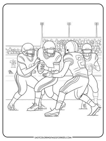 Line art illustration of a youth football game featuring two players exchanging a football on the field, with a cheering crowd in the background. Ideal for coloring activities for kids.