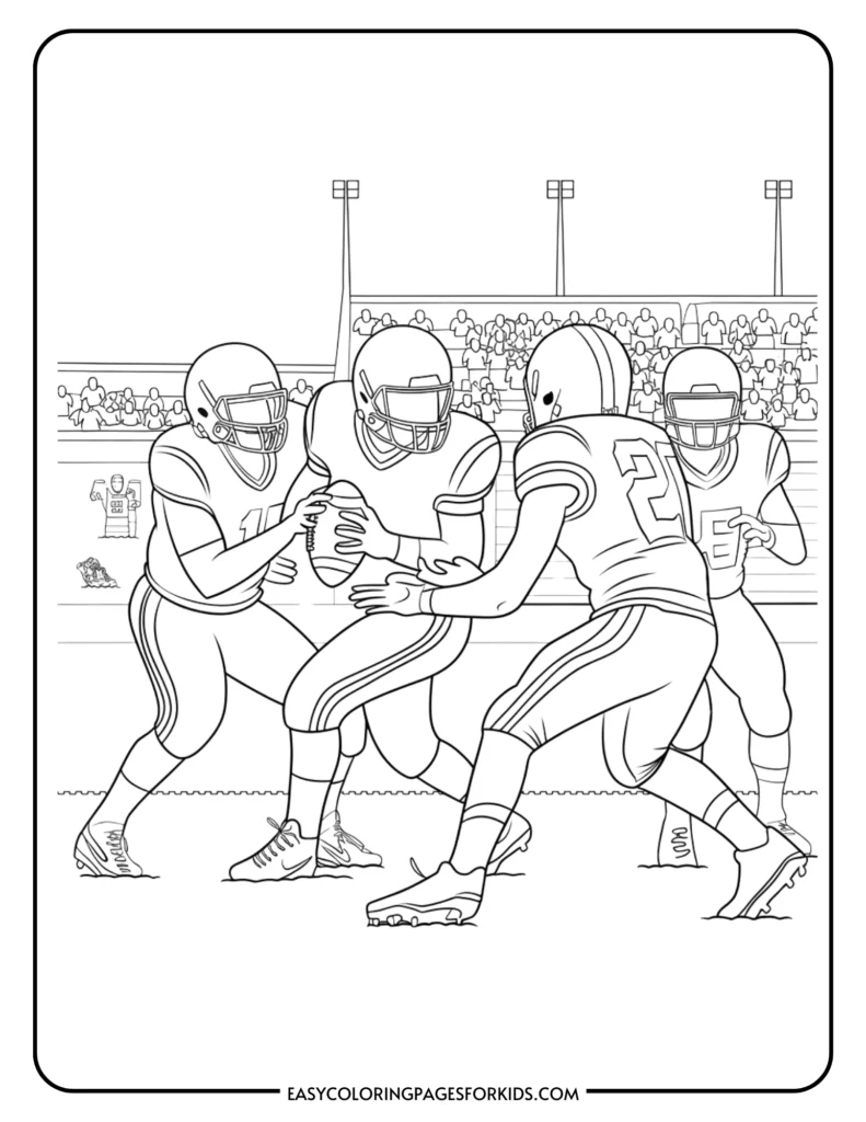 Line art illustration of a youth football game featuring two players exchanging a football on the field, with a cheering crowd in the background. Ideal for coloring activities for kids.