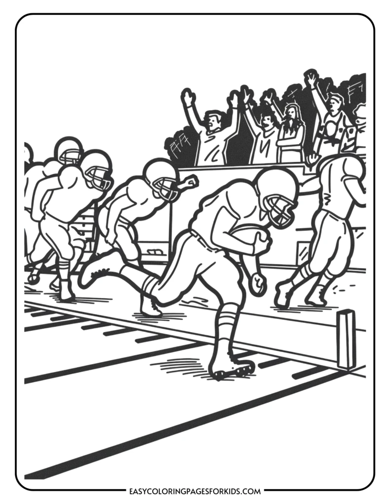 A black and white illustration of football players running towards the end zone, with a cheering crowd in the background, capturing the excitement of a game.