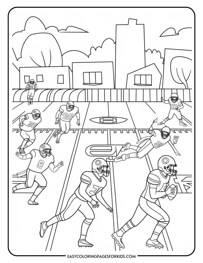 Black and white coloring page featuring a football scene with multiple players running on a field, showcasing athletic action and a suburban background with houses and trees. Perfect for kids who enjoy sports and coloring activities.