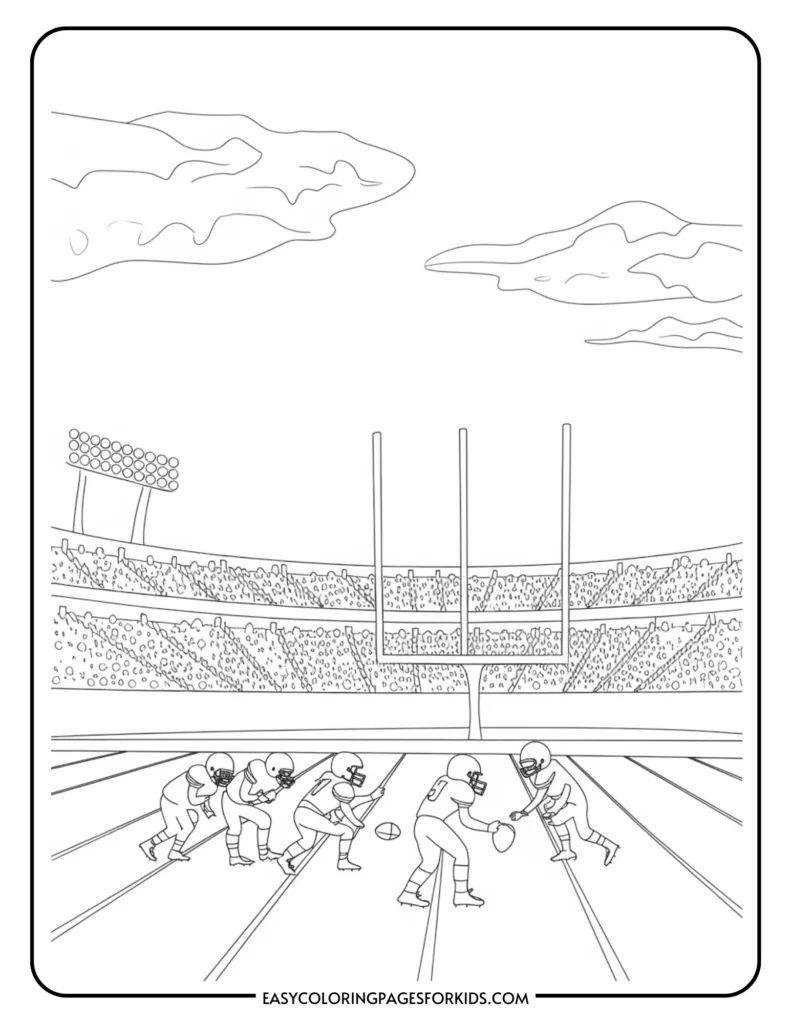 Line drawing of a football scene featuring players in action on the field, with goalposts in the background and a stadium filled with spectators. Ideal for kids' coloring activities.