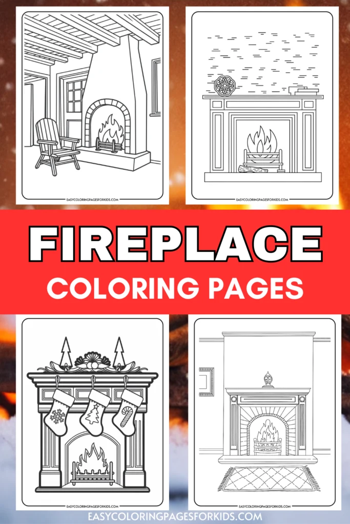 Four fireplace-themed coloring pages featuring various designs, including a cozy living room scene, a decorative mantel with stockings, and a classic fireplace setting. Ideal for kids and creative activities, these printable coloring pages encourage artistic expression and seasonal fun.