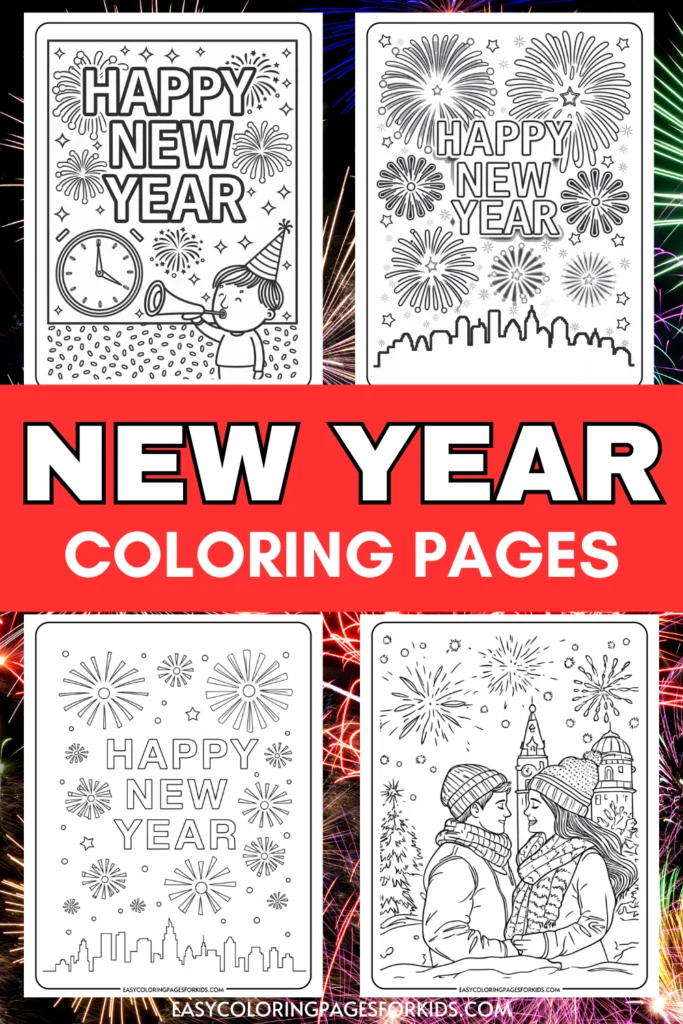 New Year coloring pages featuring festive designs such as fireworks, clocks, and celebratory messages for kids and adults to enjoy during the holiday season.