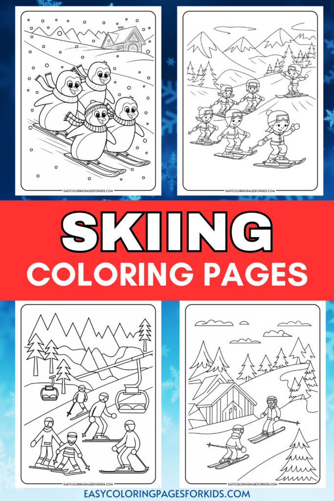 Four skiing-themed coloring pages featuring playful penguins and children skiing in winter landscapes. Each page showcases different scenes, including snowy mountains, ski lifts, and cozy cabins, perfect for kids to enjoy coloring activities. Ideal for winter-themed art projects.