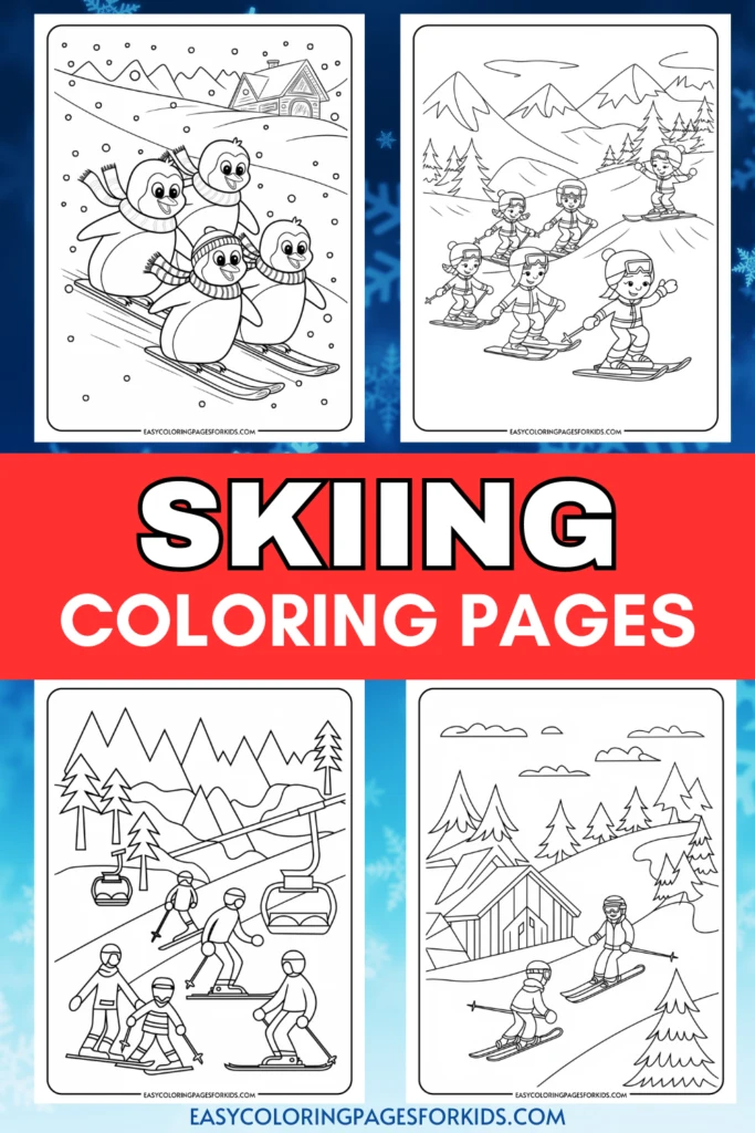 Four skiing-themed coloring pages featuring playful penguins and children skiing in winter landscapes. Each page showcases different scenes, including snowy mountains, ski lifts, and cozy cabins, perfect for kids to enjoy coloring activities. Ideal for winter-themed art projects.