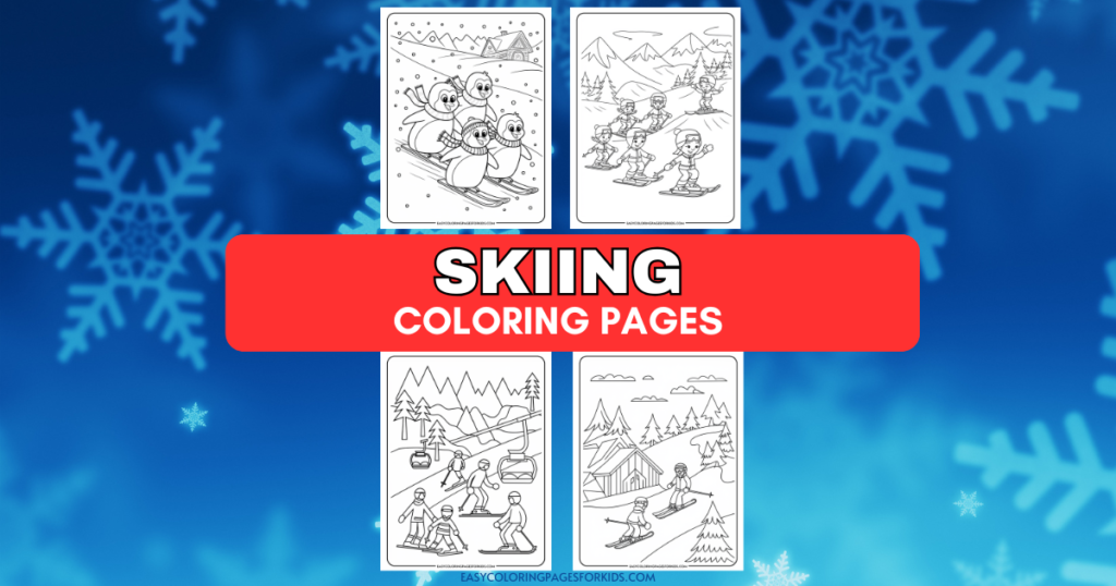 Skiing coloring pages featuring fun winter scenes with children and penguins skiing, perfect for kids' winter activities and creativity.