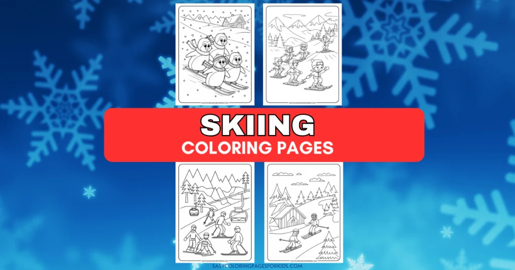 Skiing coloring pages featuring fun winter scenes with children and penguins skiing, perfect for kids' winter activities and creativity.