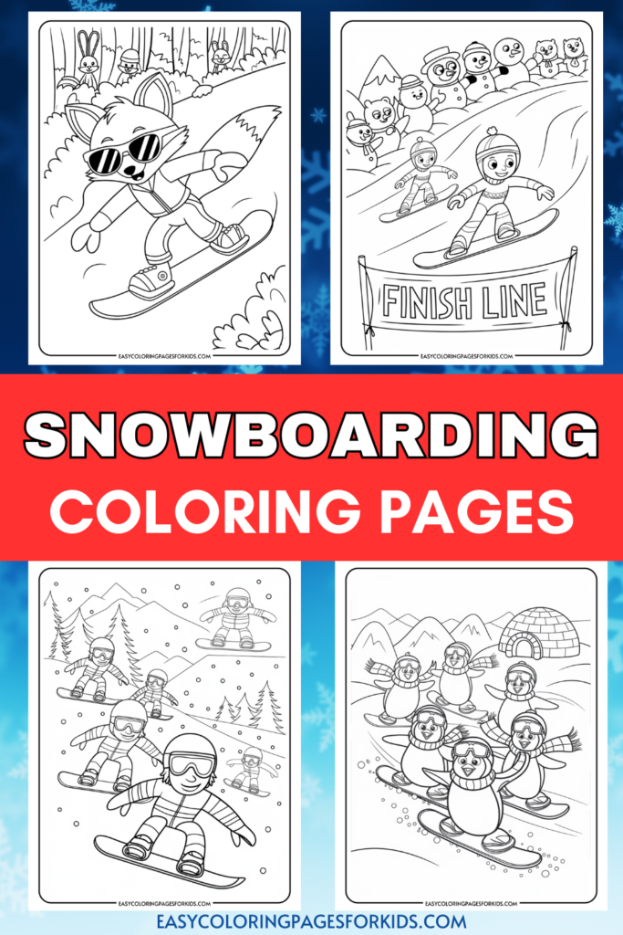 Snowboarding coloring pages featuring fun winter scenes, including a snowboarder in action, a finish line, and playful penguins in a snowy landscape. Perfect for kids and snow sports enthusiasts to enjoy creative activities during the winter season.