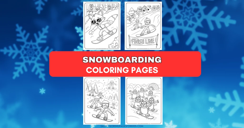 Snowboarding coloring pages featuring fun winter scenes, including characters snowboarding, a finish line, and playful animals. Ideal for kids to enhance creativity and fine motor skills while enjoying winter sports themes.