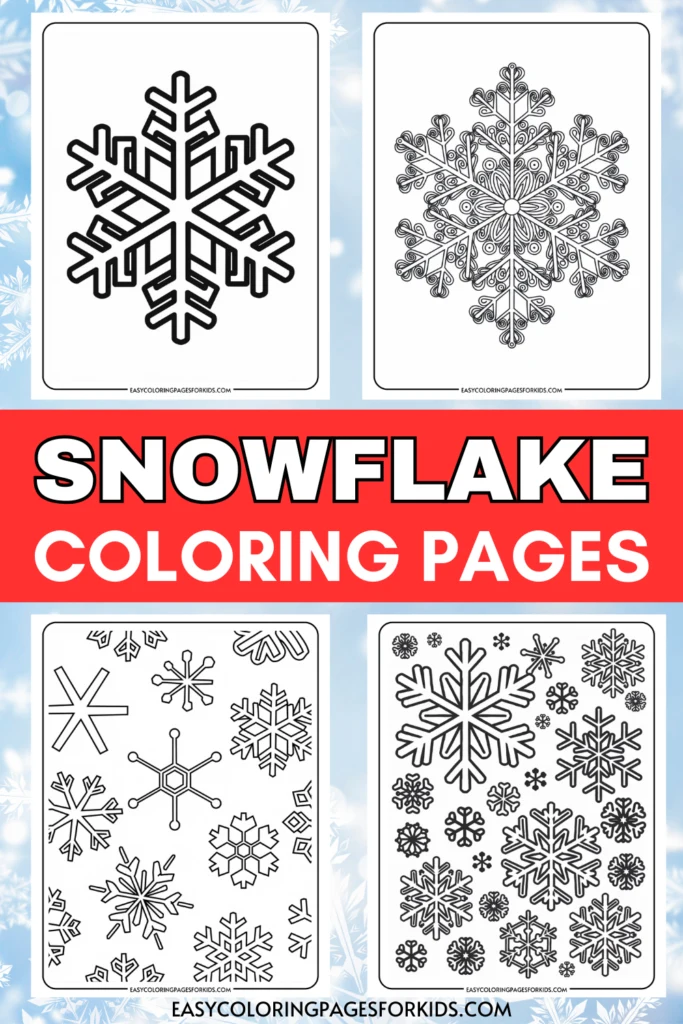 Four snowflake coloring pages featuring intricate designs, suitable for kids and adults. Ideal for winter-themed art projects and relaxation activities.