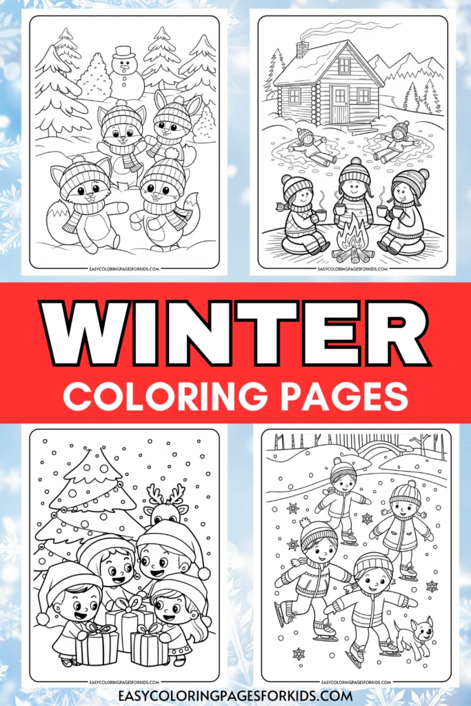 Winter coloring pages featuring playful snowmen, cozy cabins, festive holiday scenes, and children enjoying winter activities like ice skating and playing in the snow. Perfect for kids to unleash their creativity during the winter season.