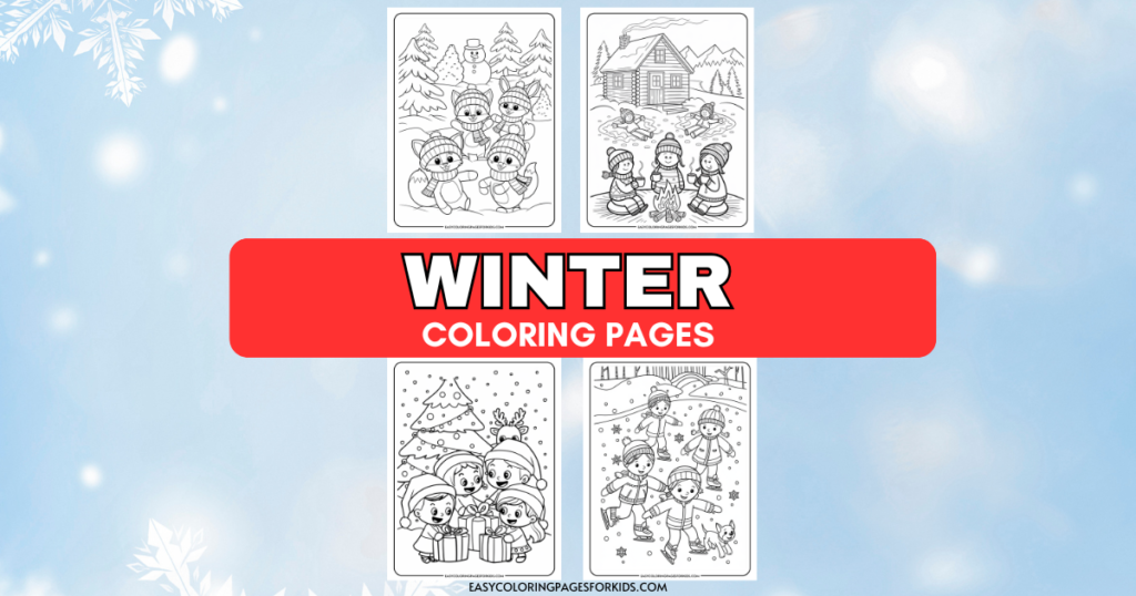 Winter coloring pages featuring festive scenes including snowmen, cozy cabins, and children playing in the snow. Perfect for kids to engage in creative winter activities.