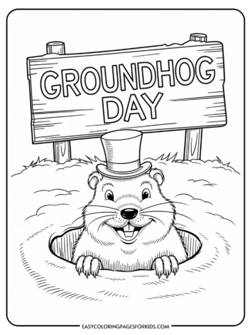 Groundhog Day coloring page featuring a cheerful groundhog wearing a top hat, emerging from a burrow with a sign that reads 