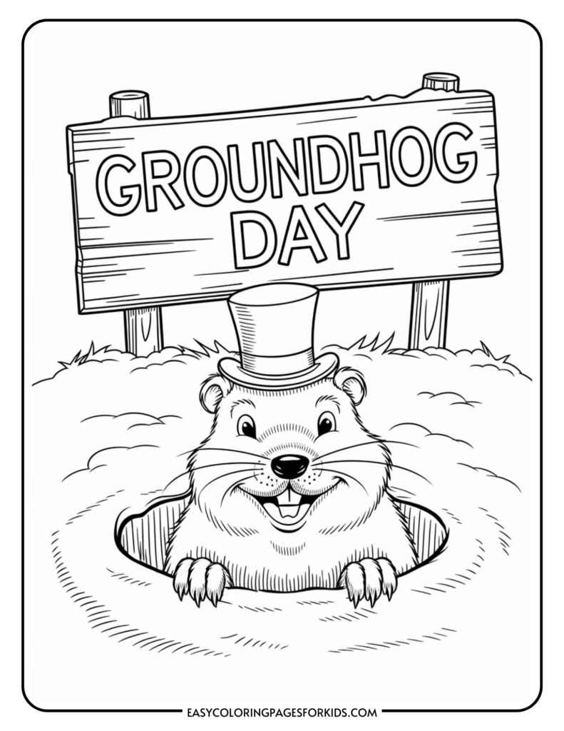 Groundhog Day coloring page featuring a cheerful groundhog wearing a top hat, emerging from a burrow with a sign that reads "Groundhog Day." Ideal for kids' activities and educational purposes.