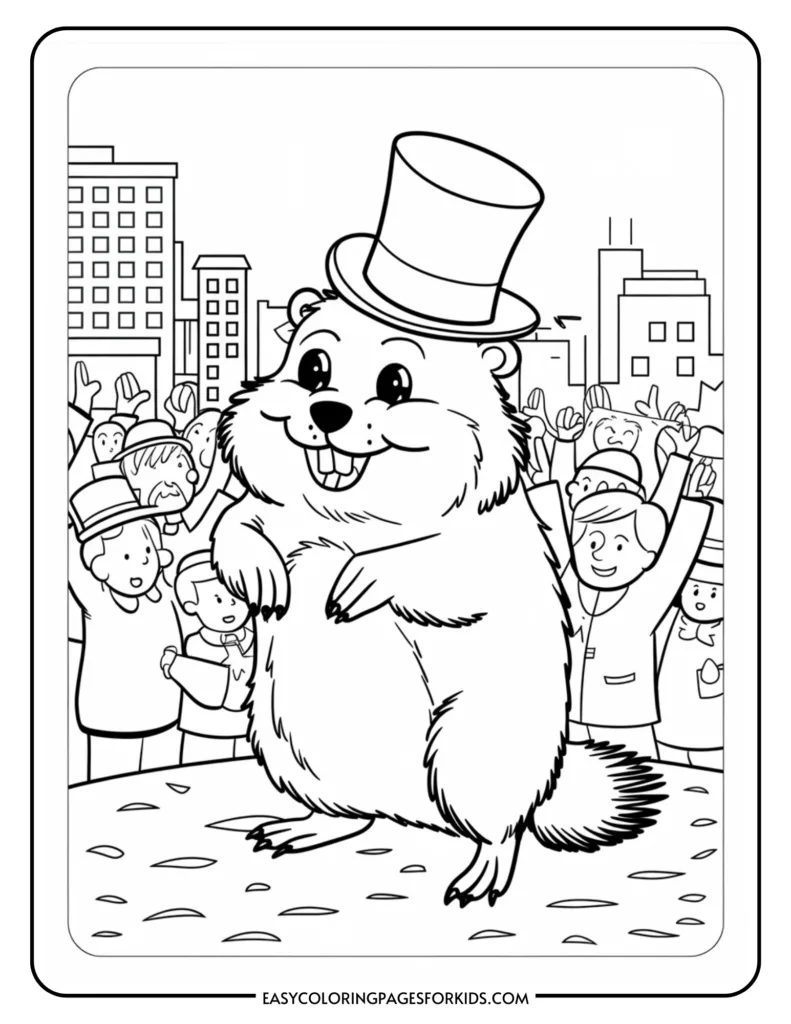 Coloring page featuring a cheerful groundhog wearing a top hat, surrounded by a crowd of excited people celebrating. The scene includes a city skyline in the background, making it ideal for kids' coloring activities related to Groundhog Day or spring celebrations.