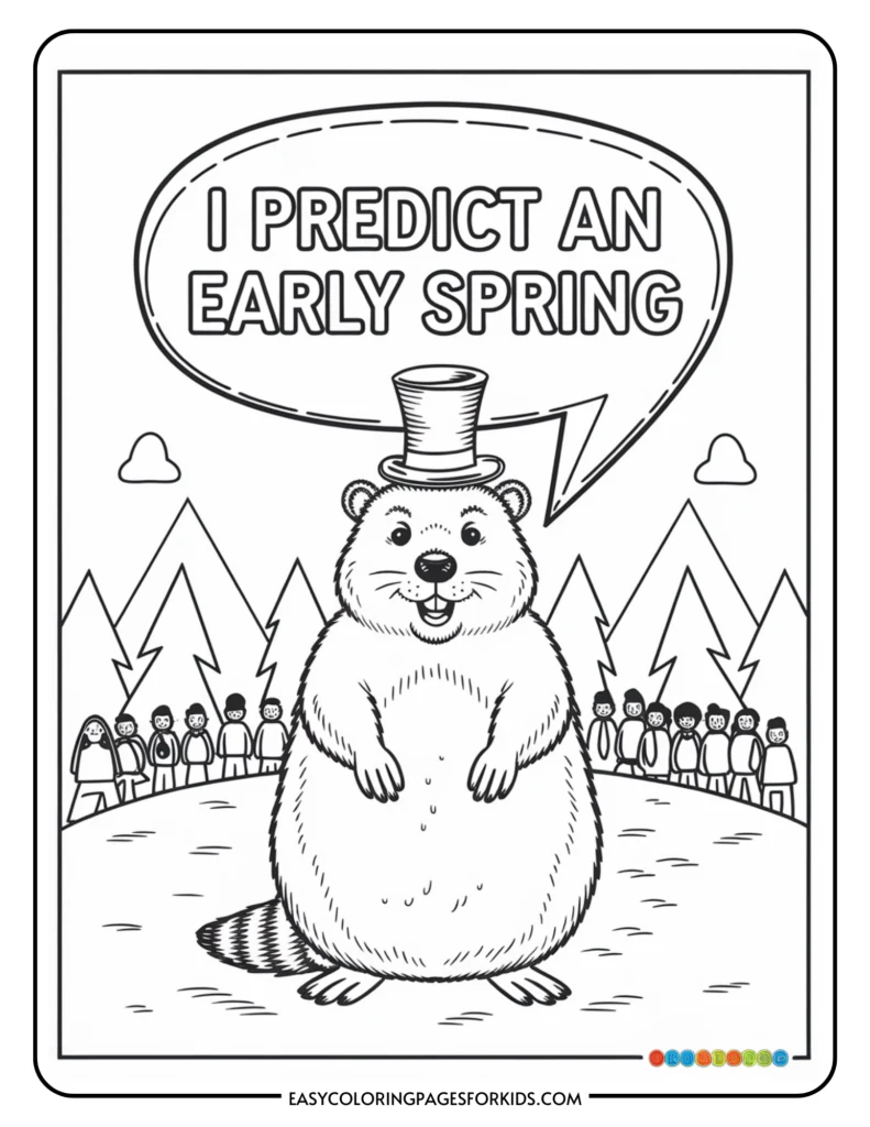 Groundhog predicting an early spring, surrounded by trees and a line of people, in a black and white coloring page design.