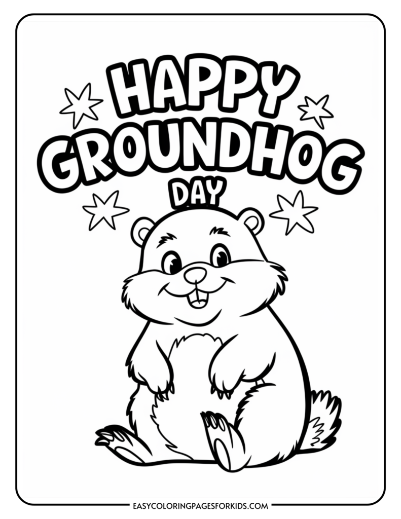 Black and white coloring page featuring a cheerful cartoon groundhog with the text "Happy Groundhog Day" above, designed for kids' activities and seasonal celebrations.