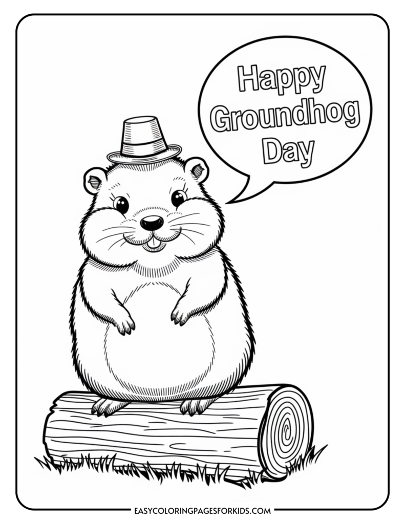 Groundhog cartoon character wearing a hat, sitting on a log with a speech bubble saying "Happy Groundhog Day." Ideal for coloring activities for kids celebrating Groundhog Day.