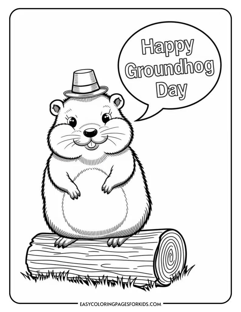 Groundhog cartoon character wearing a hat, sitting on a log with a speech bubble saying "Happy Groundhog Day." Ideal for coloring activities for kids celebrating Groundhog Day.