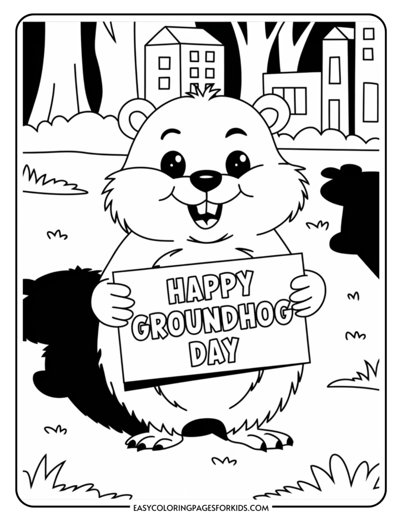 A cheerful groundhog holding a sign that says "Happy Groundhog Day," surrounded by trees and houses in a playful black and white coloring page for kids.