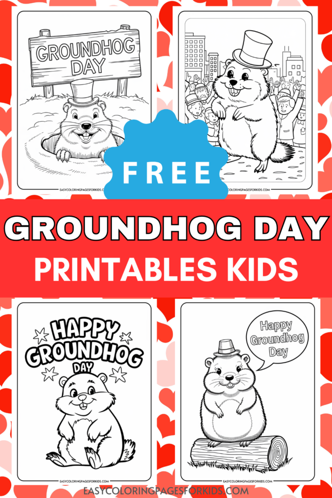 Free Groundhog Day printables for kids featuring fun coloring pages of groundhogs, signs, and festive messages. Perfect for celebrating the holiday with engaging activities.