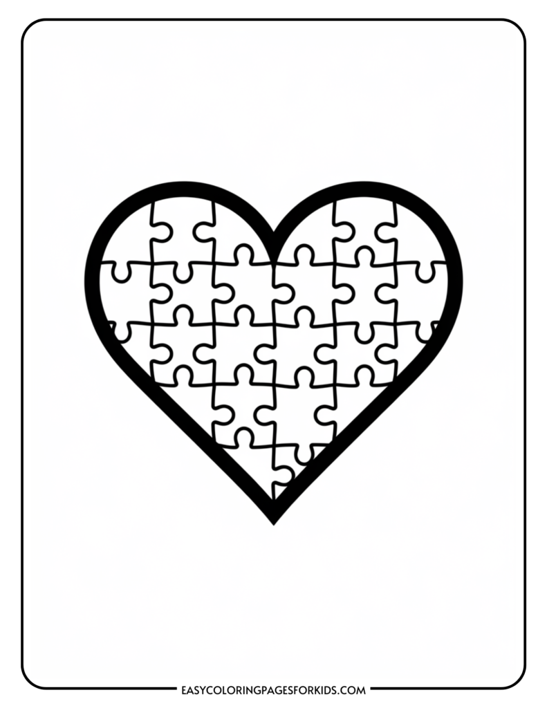 Outline of a heart made of puzzle pieces, symbolizing love and connection, on a simple white background.