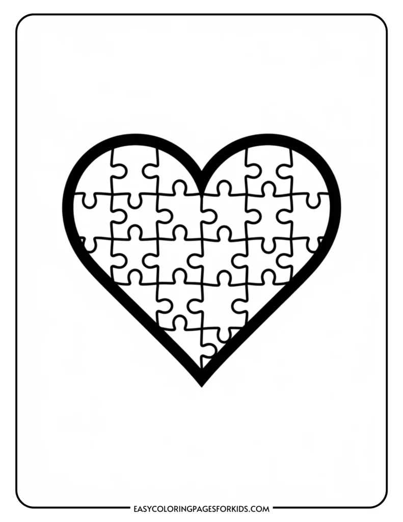 Outline of a heart made of puzzle pieces, symbolizing love and connection, on a simple white background.