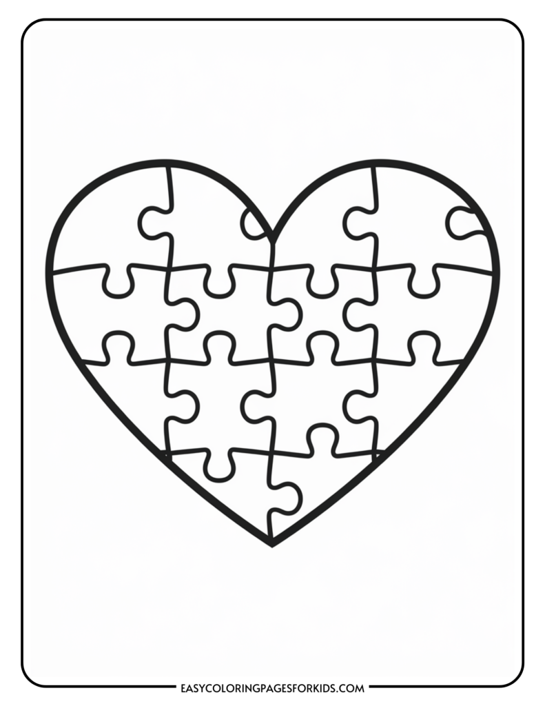 Outline of a heart made up of puzzle pieces, ideal for coloring activities for kids. This design encourages creativity and fine motor skills development.