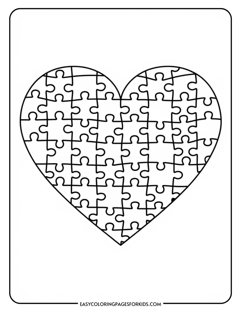 Black and white outline of a heart made up of puzzle pieces, designed for kids to color in. Ideal for educational activities and creative expression.