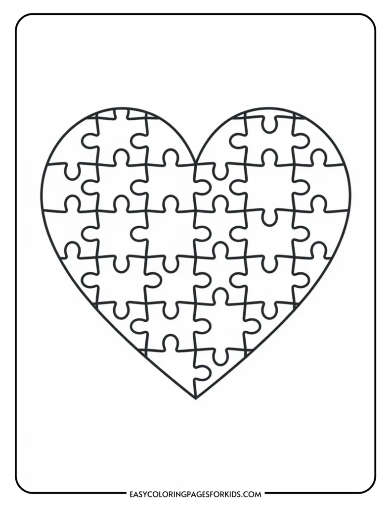 Line art coloring page of a heart shaped puzzle, designed for kids to color and engage in creative activities. Ideal for educational and recreational use.