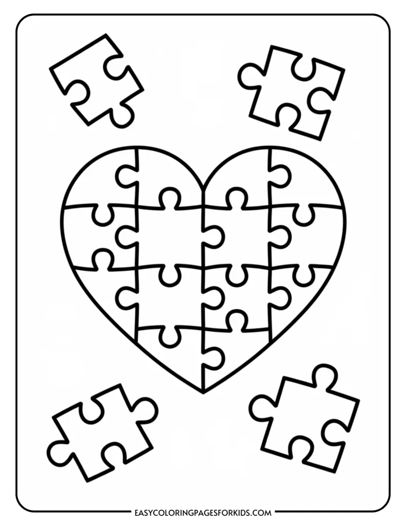 Coloring page featuring a heart made of puzzle pieces, surrounded by additional loose puzzle pieces, designed for kids to color and enhance creativity.