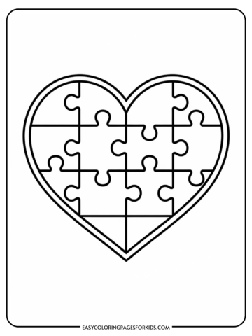 Outline drawing of a heart-shaped puzzle, designed for coloring activities, suitable for kids. Ideal for educational and creative purposes, promoting fine motor skills and artistic expression.