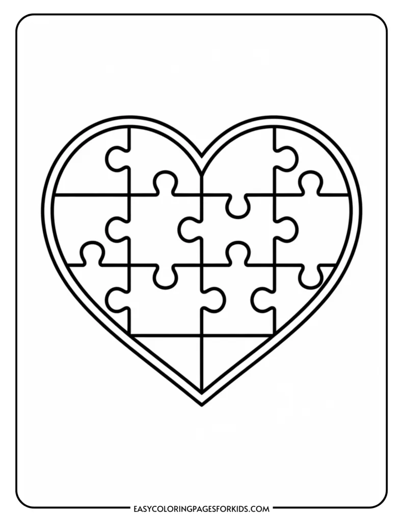 Outline drawing of a heart-shaped puzzle, designed for coloring activities, suitable for kids. Ideal for educational and creative purposes, promoting fine motor skills and artistic expression.