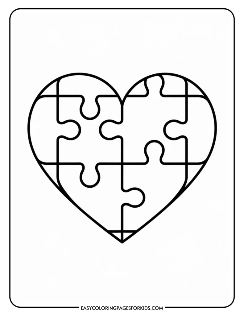 Outline of a heart made of puzzle pieces, designed as a coloring page for kids. Ideal for creative activities, promoting fine motor skills and color recognition. Perfect for educational and fun art projects.