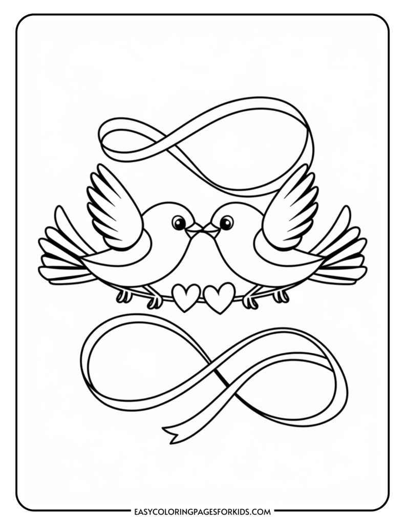 Coloring page featuring two kissing birds with hearts and an infinity symbol, ideal for kids' art activities.