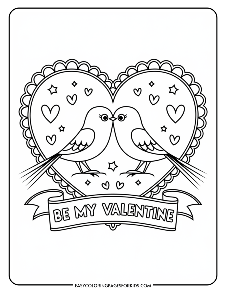 Black and white coloring page featuring two lovebirds inside a heart surrounded by smaller hearts and stars, with the text "Be My Valentine" on a ribbon. Ideal for Valentine's Day activities for kids.