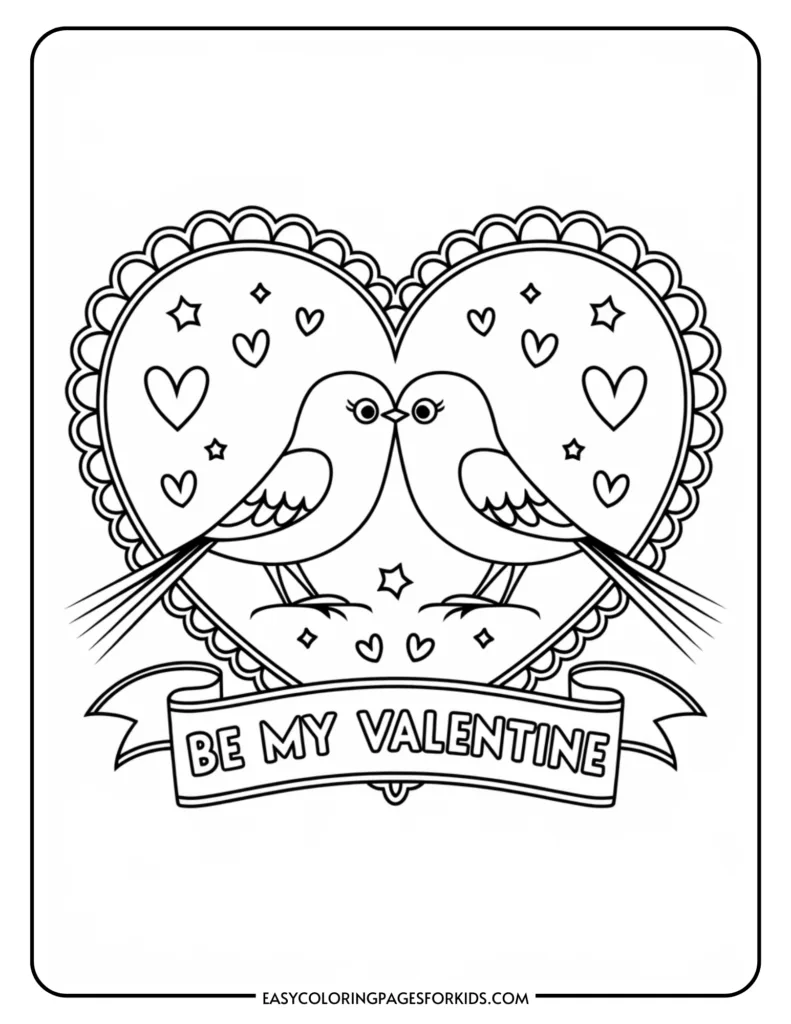 Black and white coloring page featuring two lovebirds inside a heart surrounded by smaller hearts and stars, with the text "Be My Valentine" on a ribbon. Ideal for Valentine's Day activities for kids.