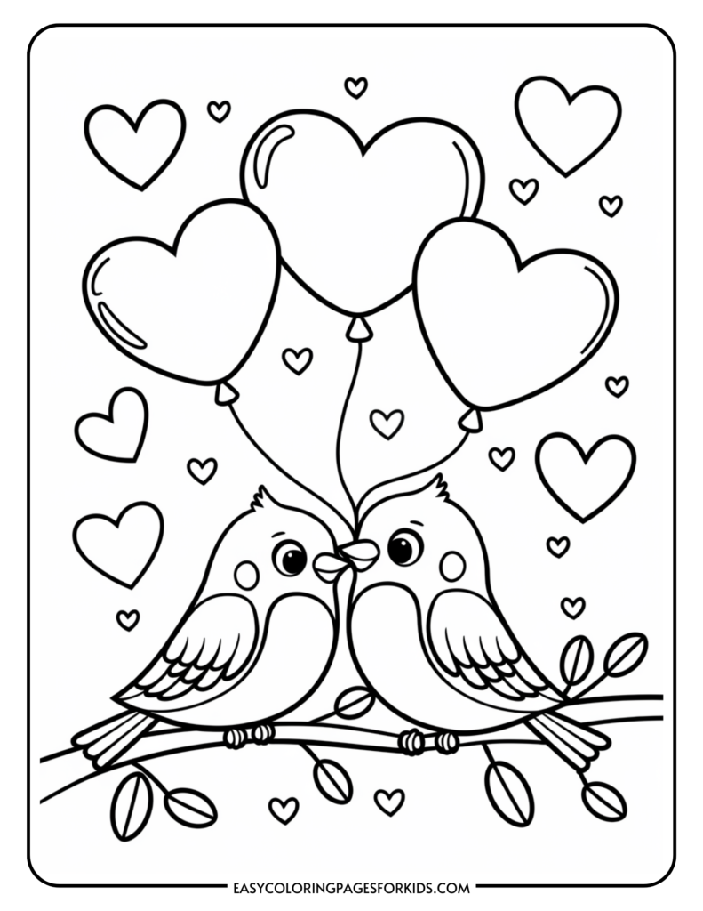 Coloring page featuring two cute birds on a branch with heart-shaped balloons and surrounding hearts, perfect for kids' creative activities. Ideal for Valentine’s Day or love-themed projects.