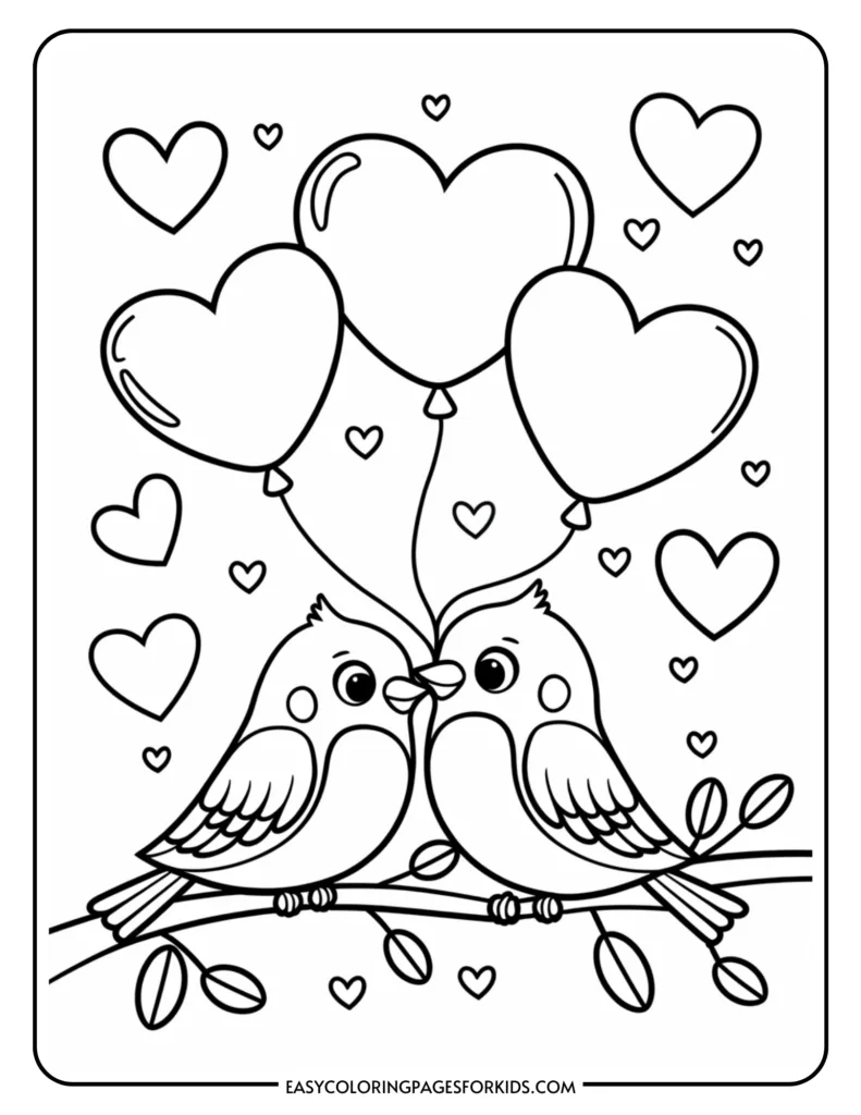 Coloring page featuring two cute birds on a branch with heart-shaped balloons and surrounding hearts, perfect for kids' creative activities. Ideal for Valentine’s Day or love-themed projects.