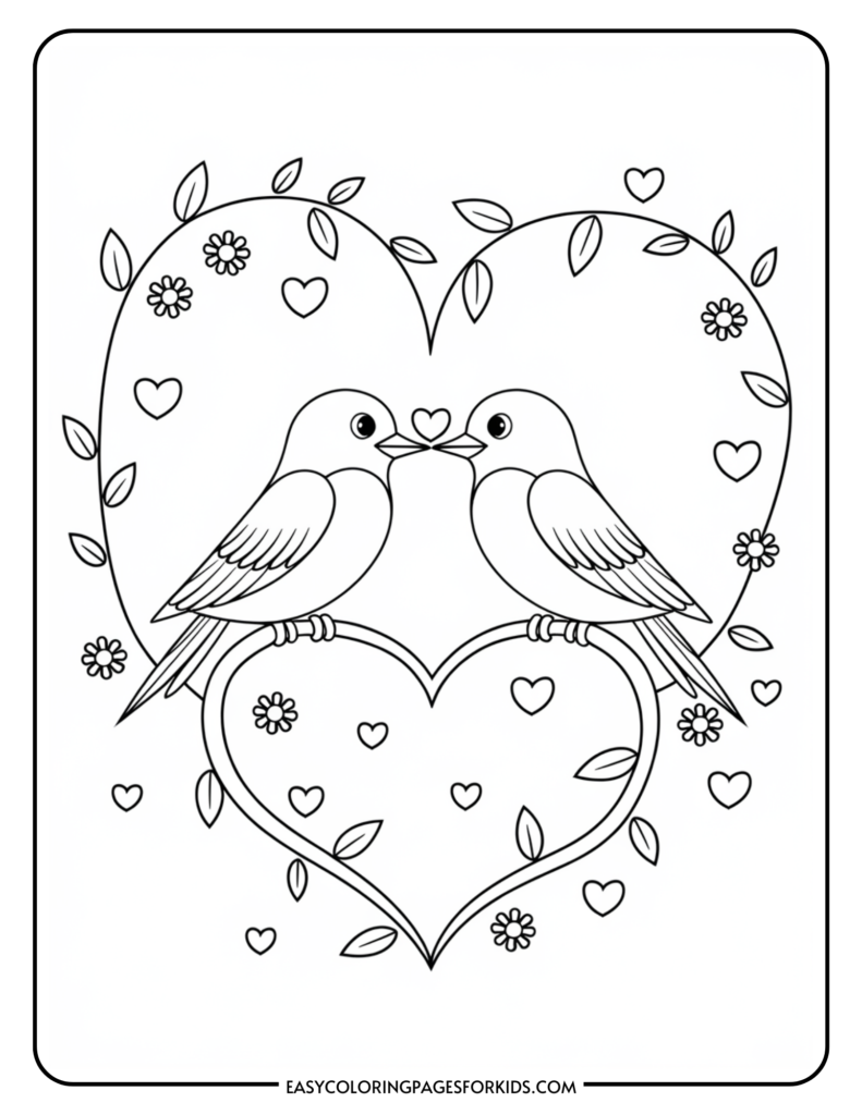 Coloring page featuring two birds perched within a heart shape, surrounded by flowers and smaller hearts, ideal for kids' creative activities. Perfect for enhancing fine motor skills and promoting artistic expression.