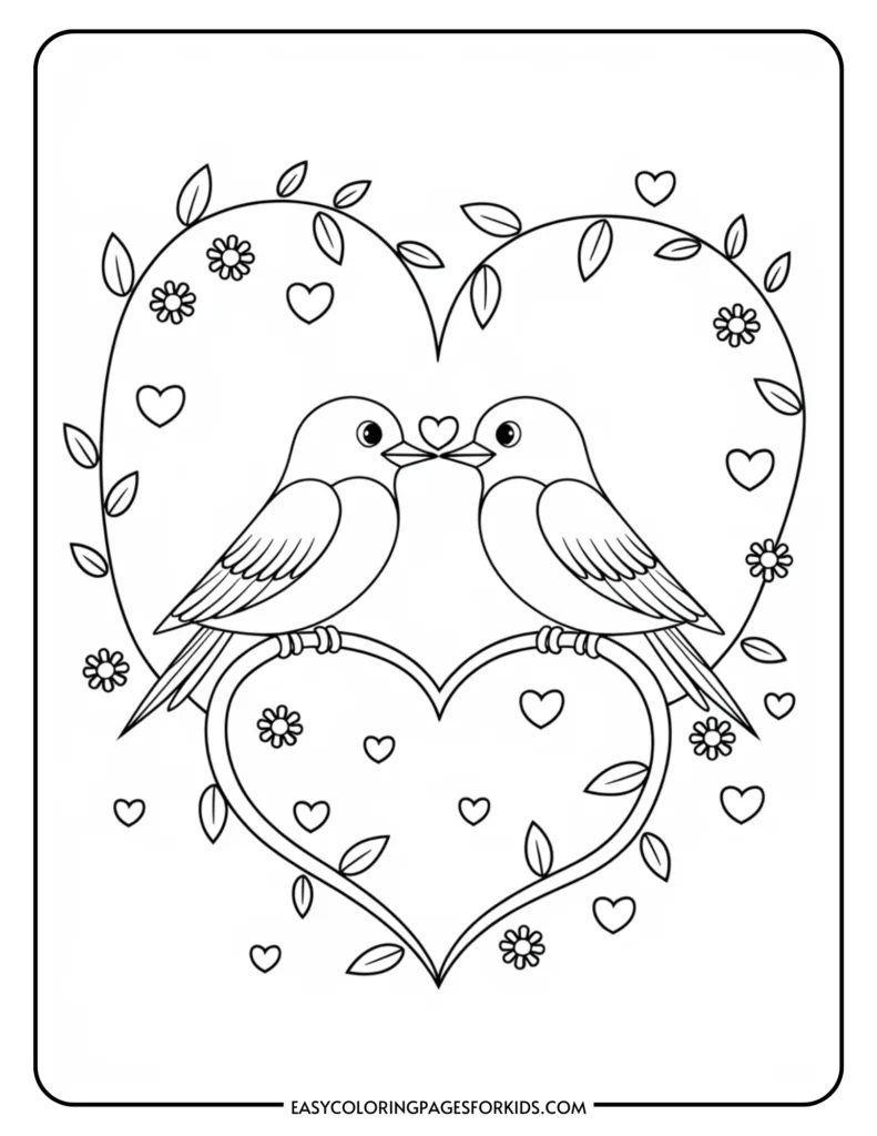 Coloring page featuring two birds perched within a heart shape, surrounded by flowers and smaller hearts, ideal for kids' creative activities. Perfect for enhancing fine motor skills and promoting artistic expression.