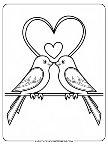 Coloring page featuring two birds sitting on a branch, surrounded by a heart shape, ideal for kids' art and craft activities.