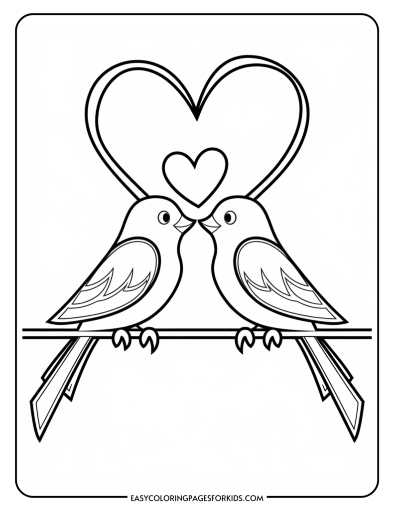 Coloring page featuring two birds sitting on a branch, surrounded by a heart shape, ideal for kids' art and craft activities.