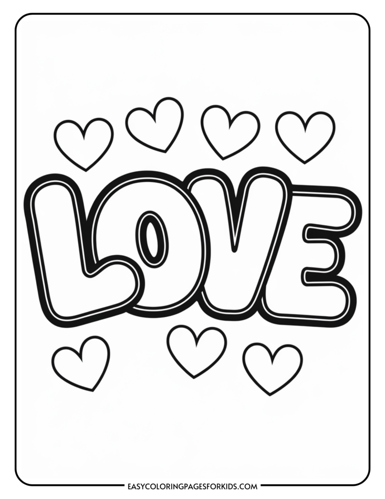 Coloring page featuring the word "LOVE" in bold, playful letters surrounded by small hearts, ideal for kids' art activities.