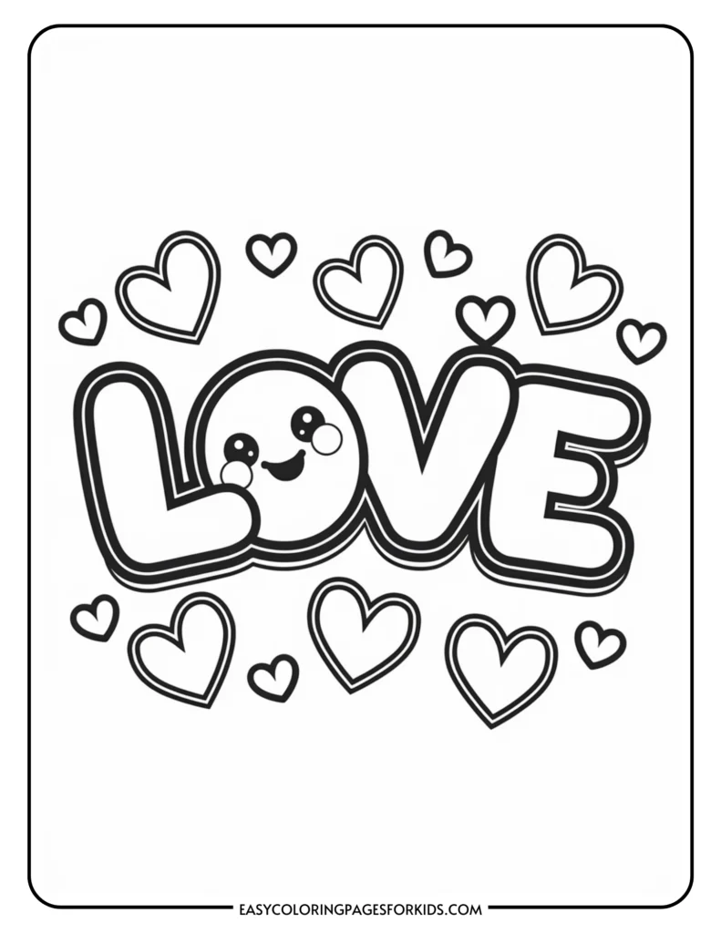 Coloring page featuring the word "LOVE" in bold, playful letters surrounded by small hearts, designed for kids' creative activities. Ideal for Valentine's Day or expressing affection.