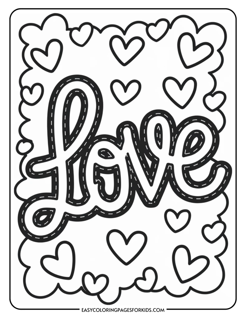 Coloring page featuring the word "love" in a playful, stitched font surrounded by various heart shapes, ideal for kids' creativity and Valentine's Day activities.